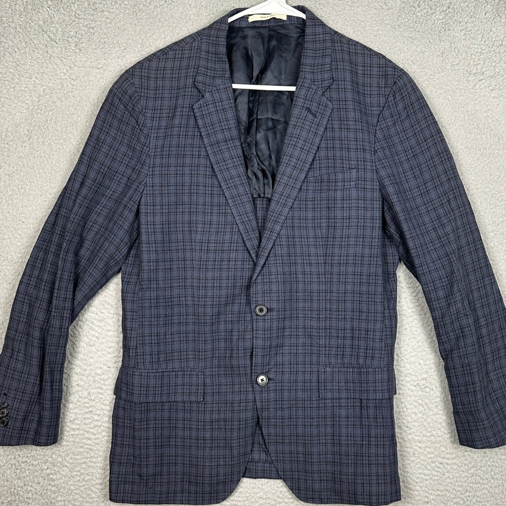 Club Monaco Linen Blazer Mens 40S Grant Fit Navy Plaid Sport Coat Made In Italy